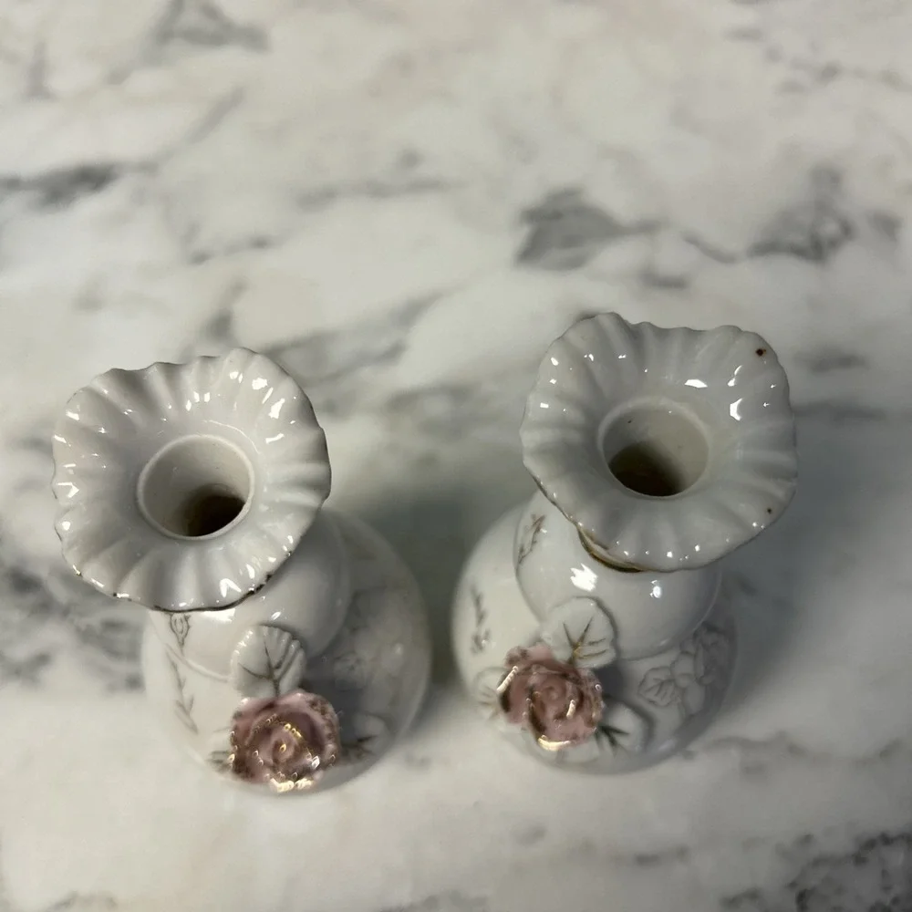 Floral Rose Victorian Bud Vase Old World Footed set of 2 Vintage Shabby Chic